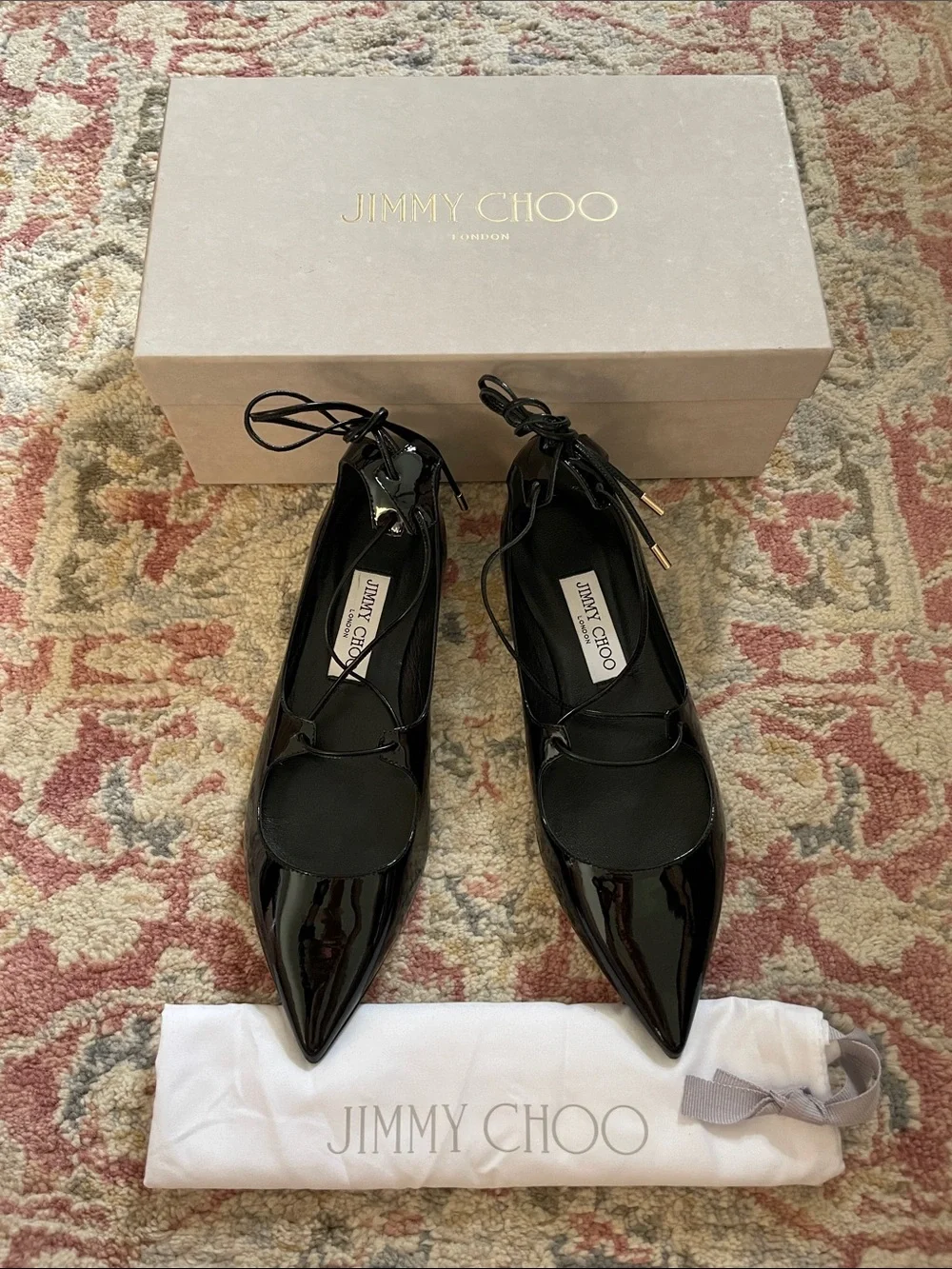 Jimmy Choo Black Patent Pointed Ballet Flats with Lace-Up Tie Size 37.5